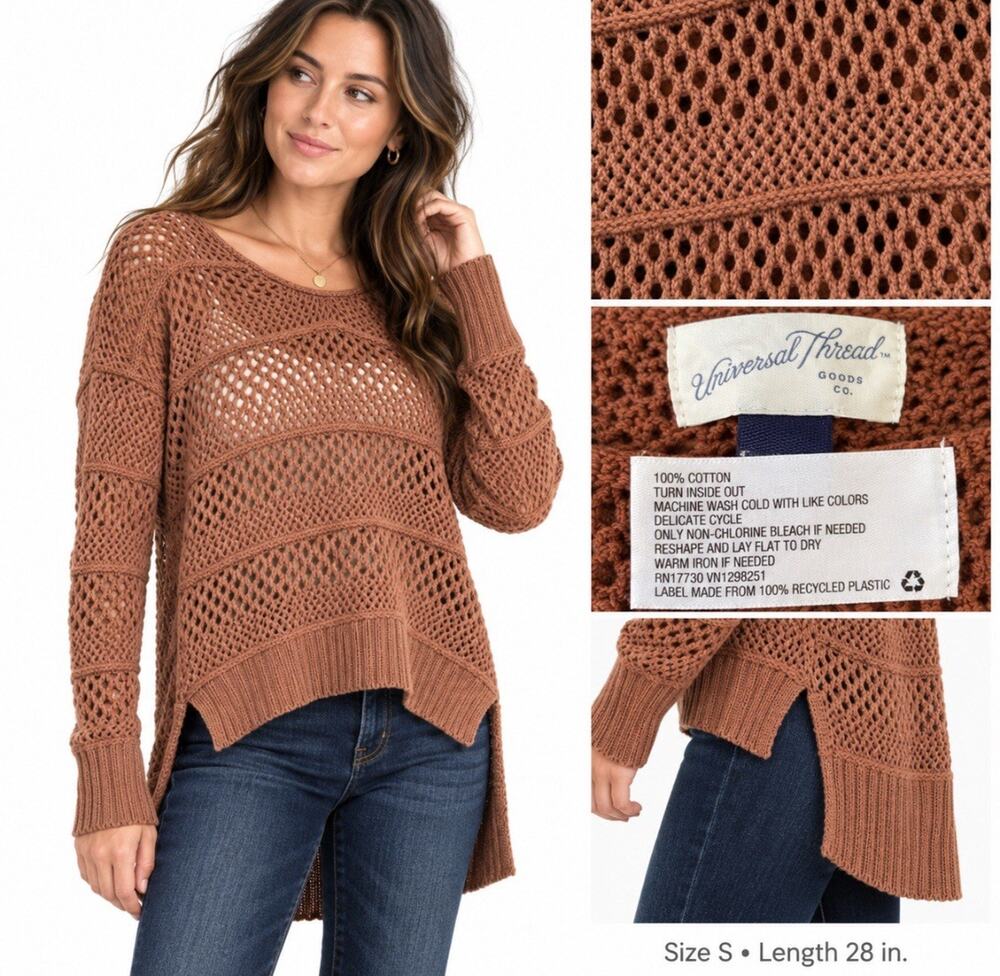NWT Boho Universal Thread Women's Crochet Pullover Sweater Size S Rust Open Knit